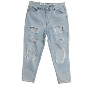 S.O.N.G Classic Mom Jean Light Blue Wash Destroyed Button Fly Size 13 Junior